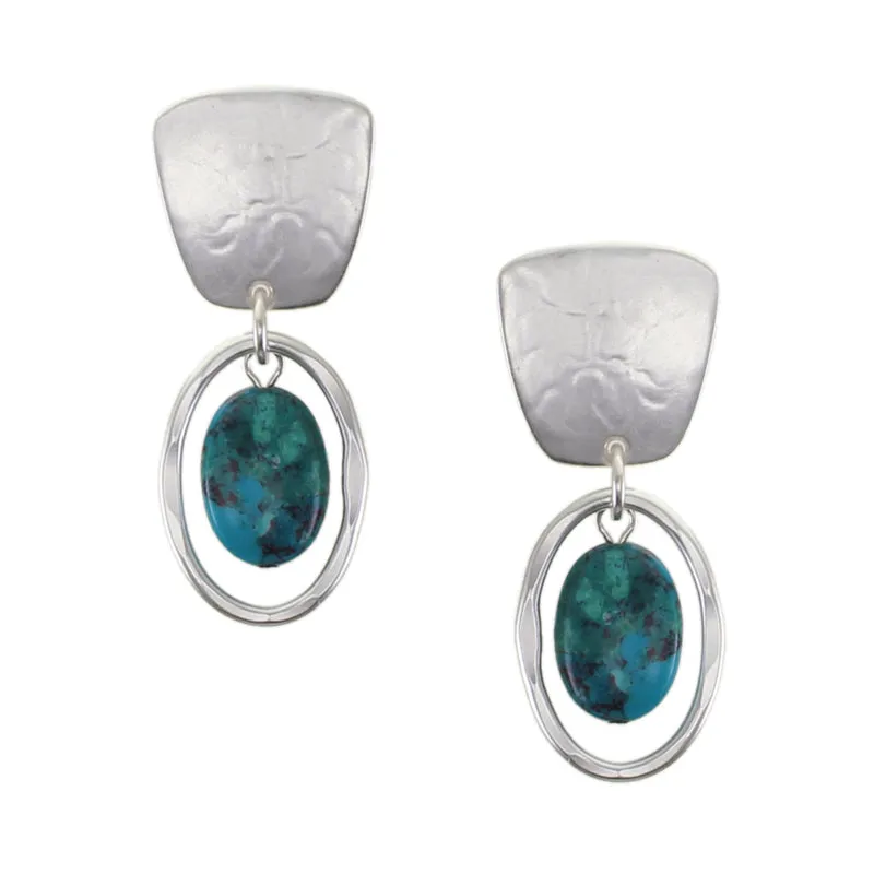 Tapered Square with Turquoise Bead and Oval Ring Clip or Post Earrings