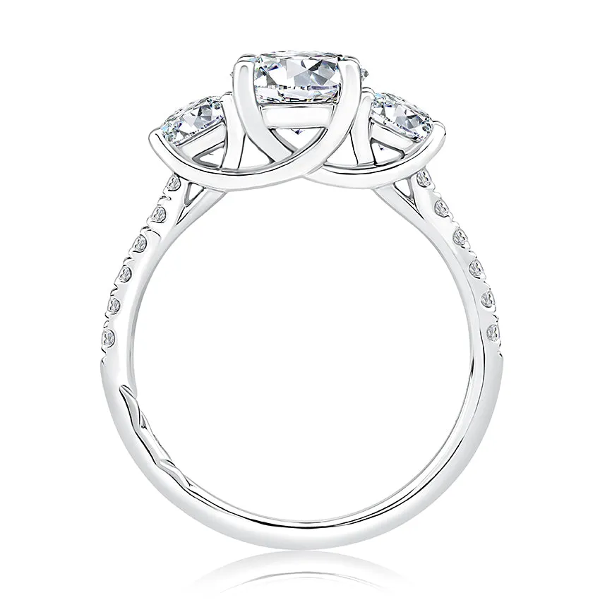 Three Stone Trellis Diamond Engagement Ring with Pave Diamond Band