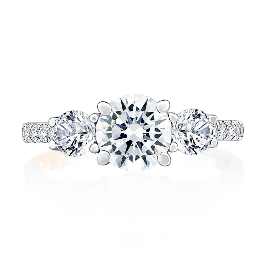 Three Stone Trellis Diamond Engagement Ring with Pave Diamond Band