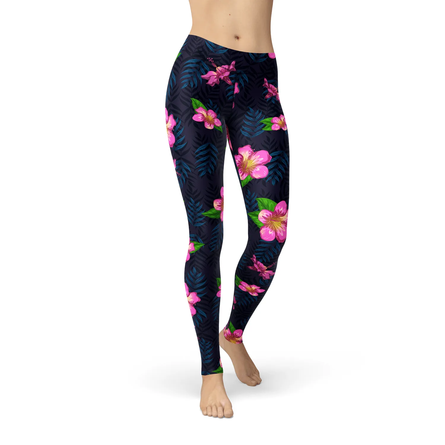 Tropical Night with Leaf and Pink Lilly Leggings