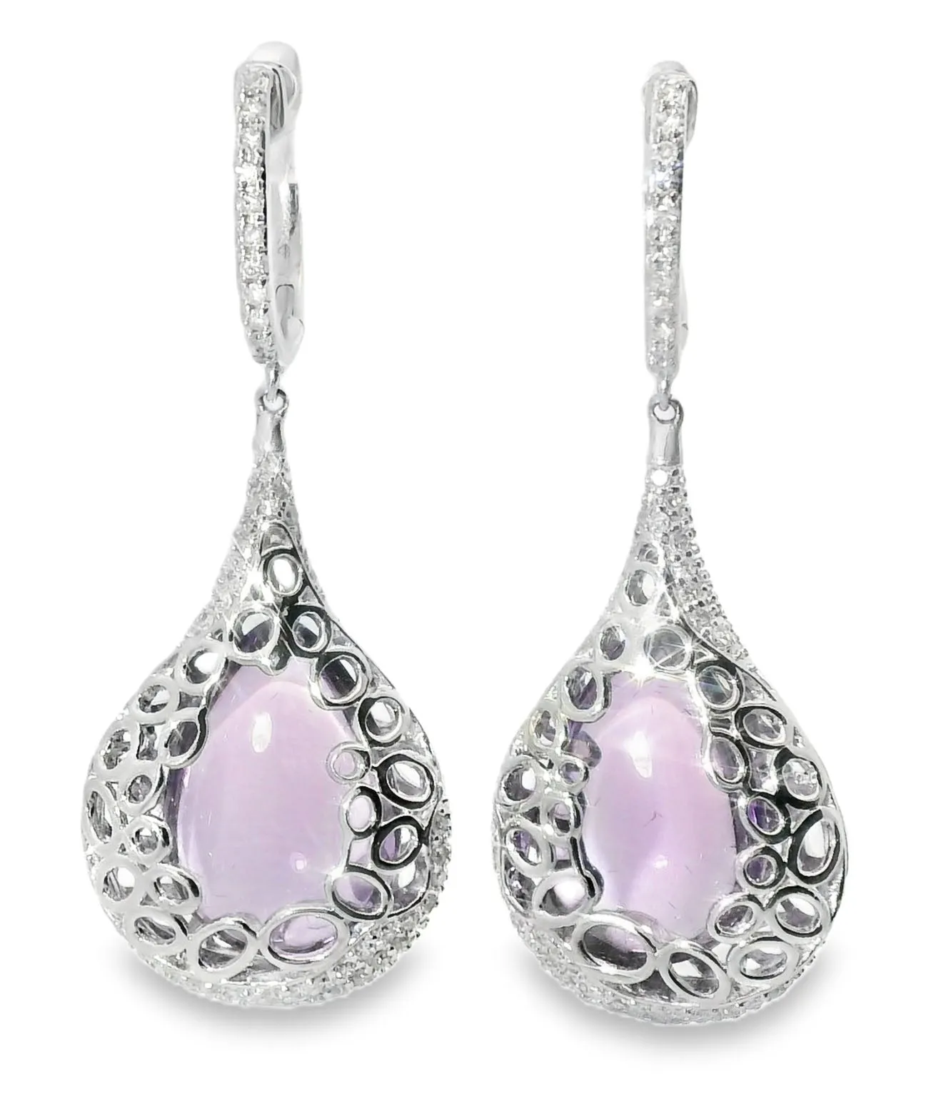 Unique 14K White Gold Diamond Cabochon Amethyst Hanging Earrings