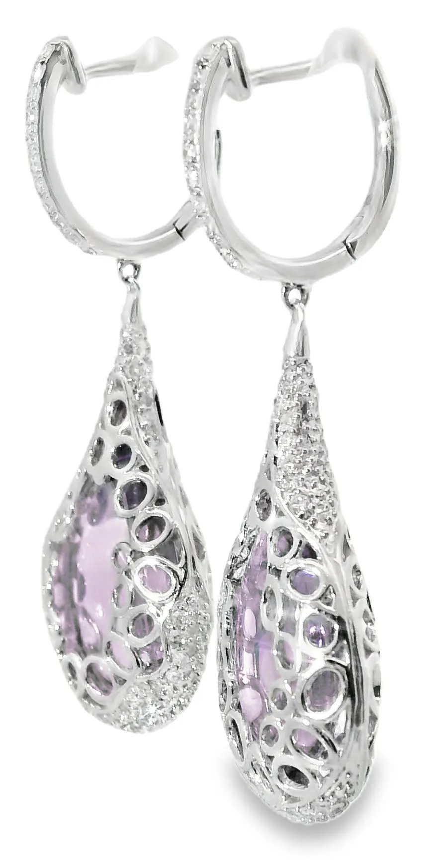 Unique 14K White Gold Diamond Cabochon Amethyst Hanging Earrings