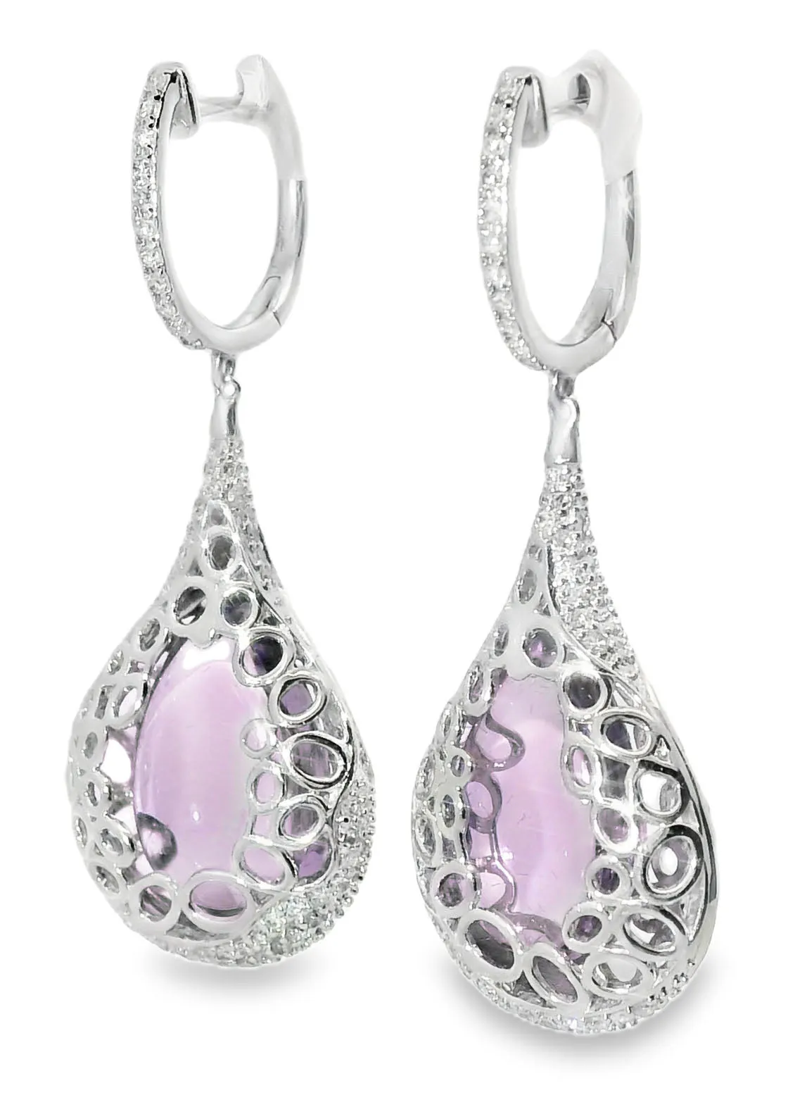 Unique 14K White Gold Diamond Cabochon Amethyst Hanging Earrings