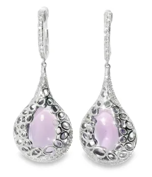 Unique 14K White Gold Diamond Cabochon Amethyst Hanging Earrings