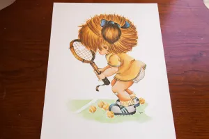 Vintage 70s Tennis Girl Kid Art