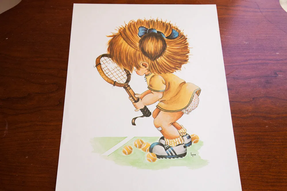 Vintage 70s Tennis Girl Kid Art