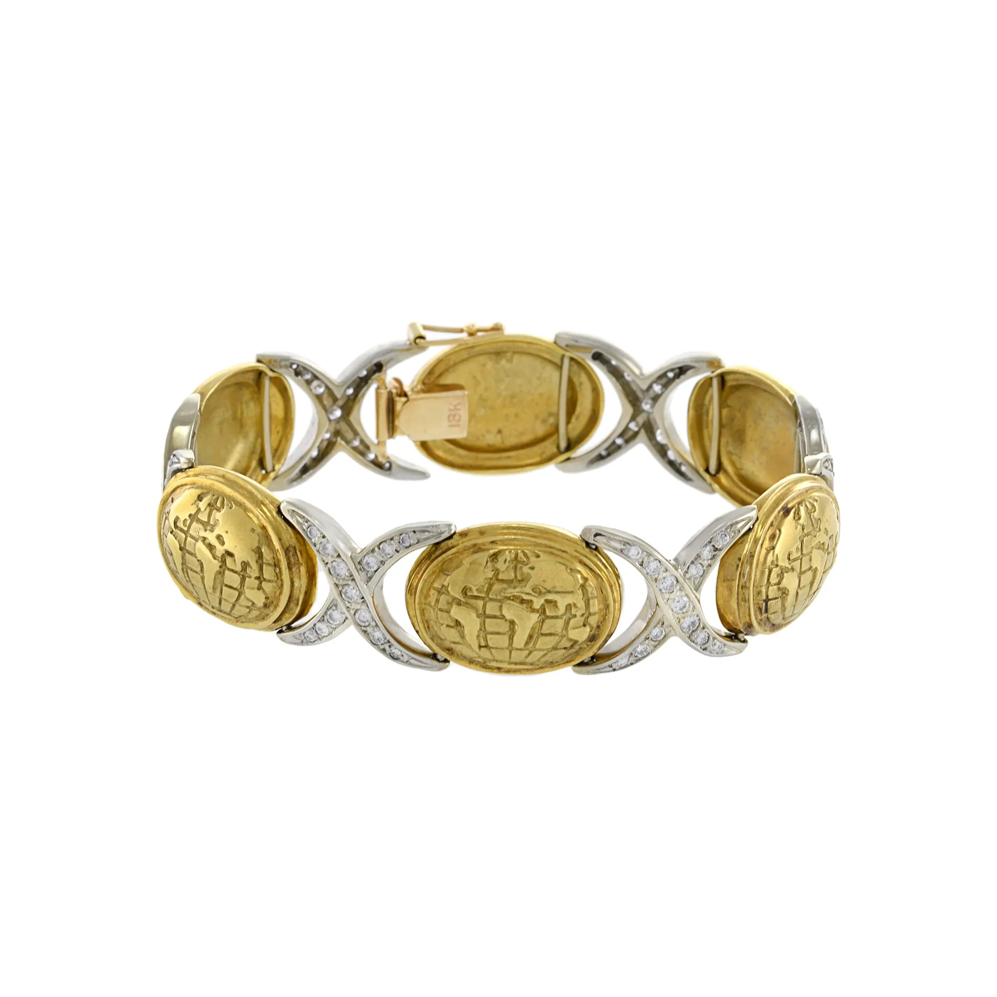 Vintage Retro Era 18KT Yellow Gold Globe And Diamond Bracelet