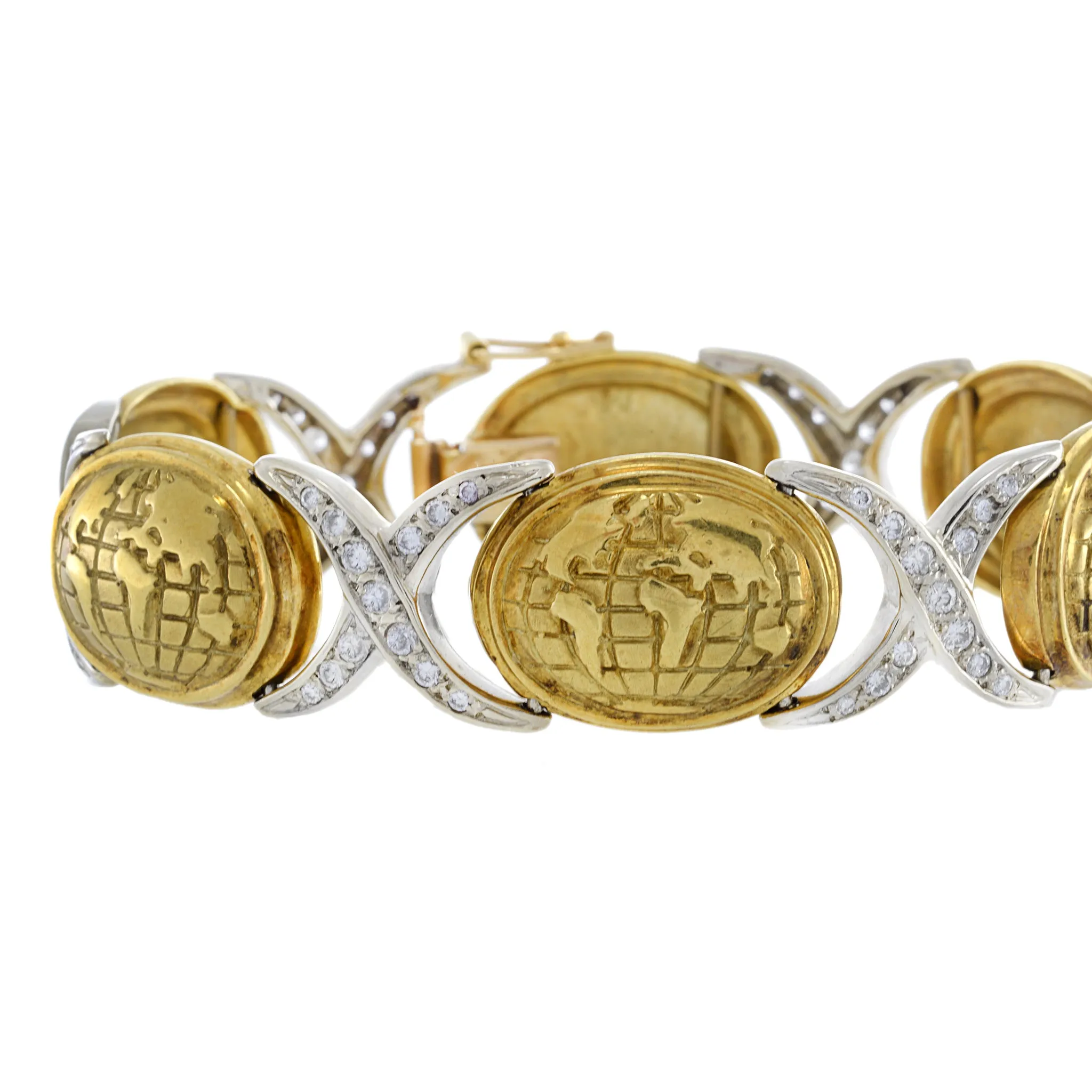 Vintage Retro Era 18KT Yellow Gold Globe And Diamond Bracelet