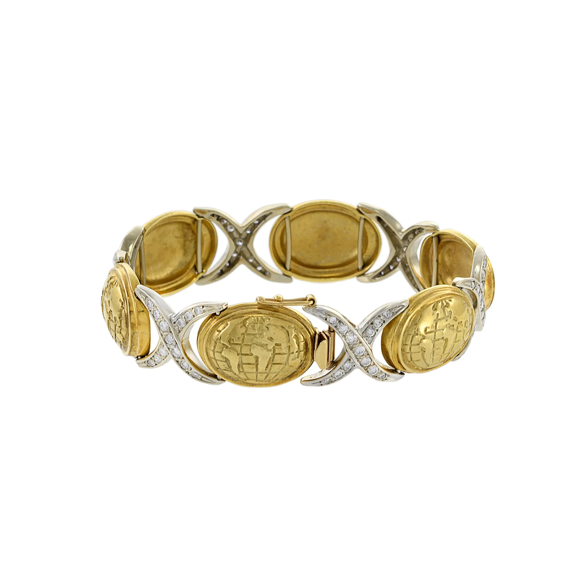 Vintage Retro Era 18KT Yellow Gold Globe And Diamond Bracelet