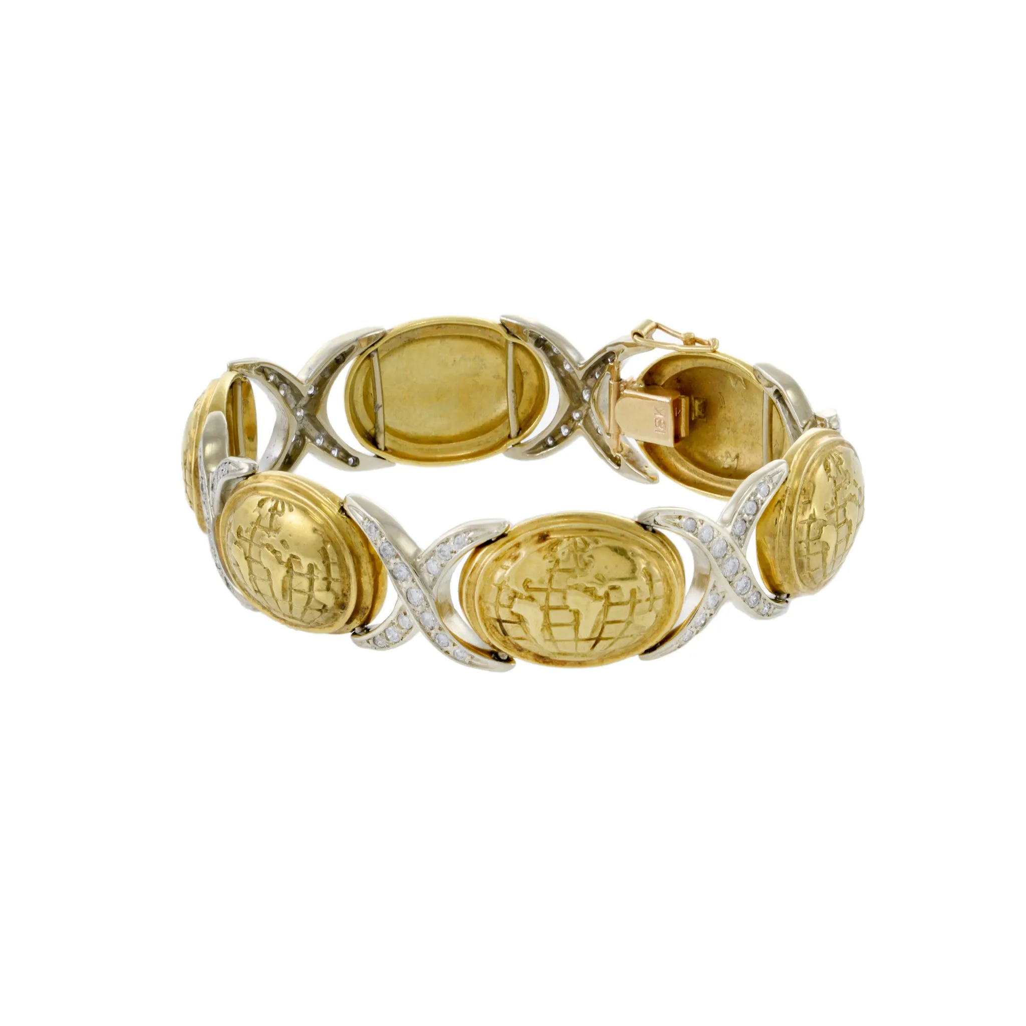 Vintage Retro Era 18KT Yellow Gold Globe And Diamond Bracelet