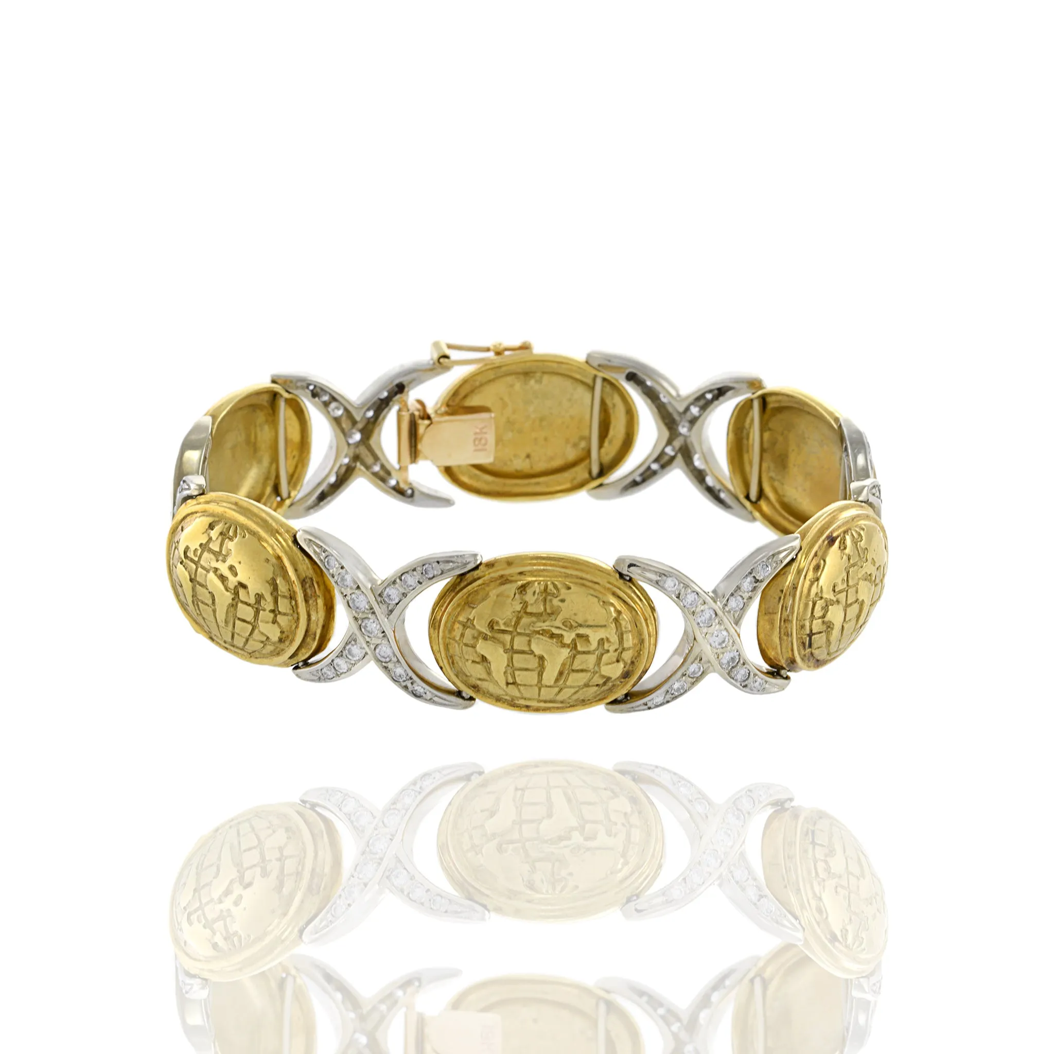 Vintage Retro Era 18KT Yellow Gold Globe And Diamond Bracelet