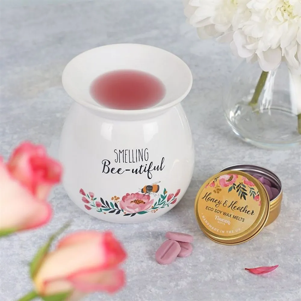Wax Melt Burner with Honey & Heather Fragrance Gift Set - Smelling Bee-utiful Design - Large 11 cms High