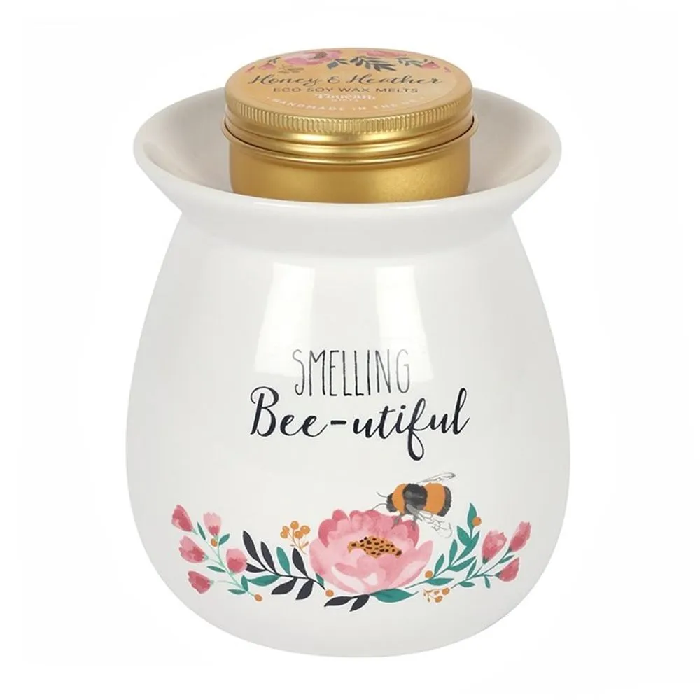 Wax Melt Burner with Honey & Heather Fragrance Gift Set - Smelling Bee-utiful Design - Large 11 cms High