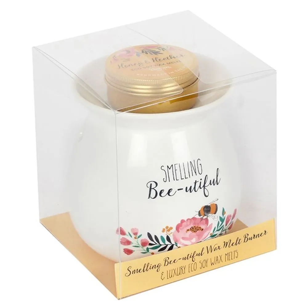 Wax Melt Burner with Honey & Heather Fragrance Gift Set - Smelling Bee-utiful Design - Large 11 cms High