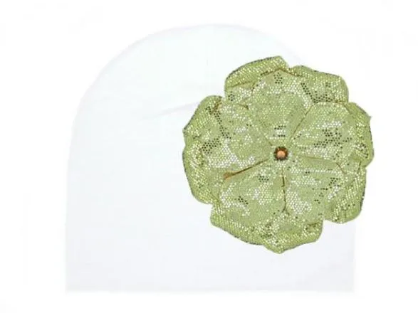 White Cotton Hat with Sequins Gold Rose